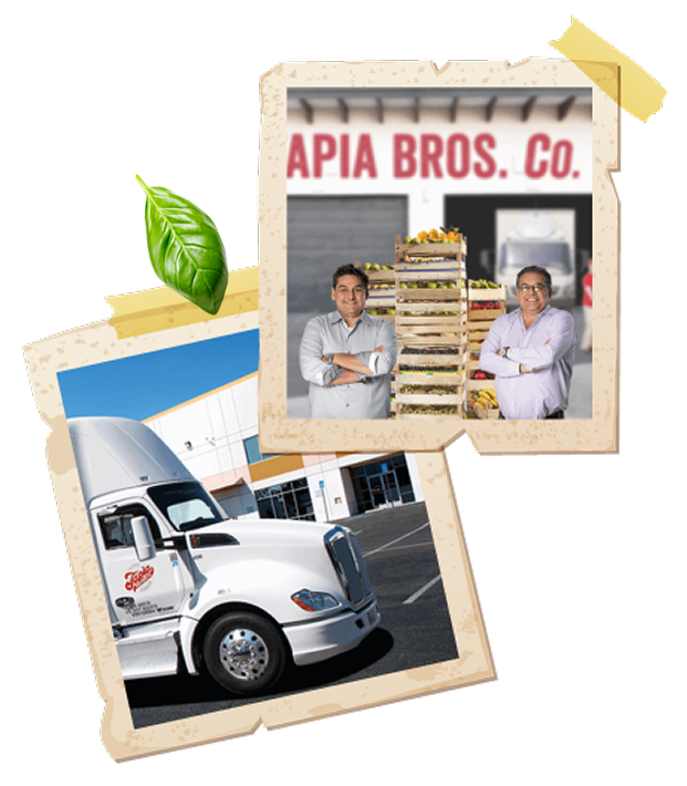 A photo of the Tapia brothers, smiling with the products behind them. Another photo with a delevery trucks in front of the Tapia´s building.