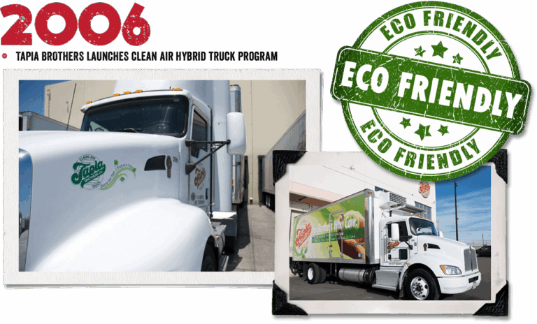 Title: 2006. Text. Tapia brothers Launches clean air hybrid truck program. A pair of the new delevery eco friendly trucks. A Eco friendly stamp.
