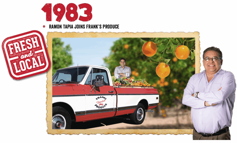 Title: 1983, Ramón Tapia joins Frank's Produce. Fresh anf local stamp. A photo with Ramón Tapia and Frank whit the red pickup truck